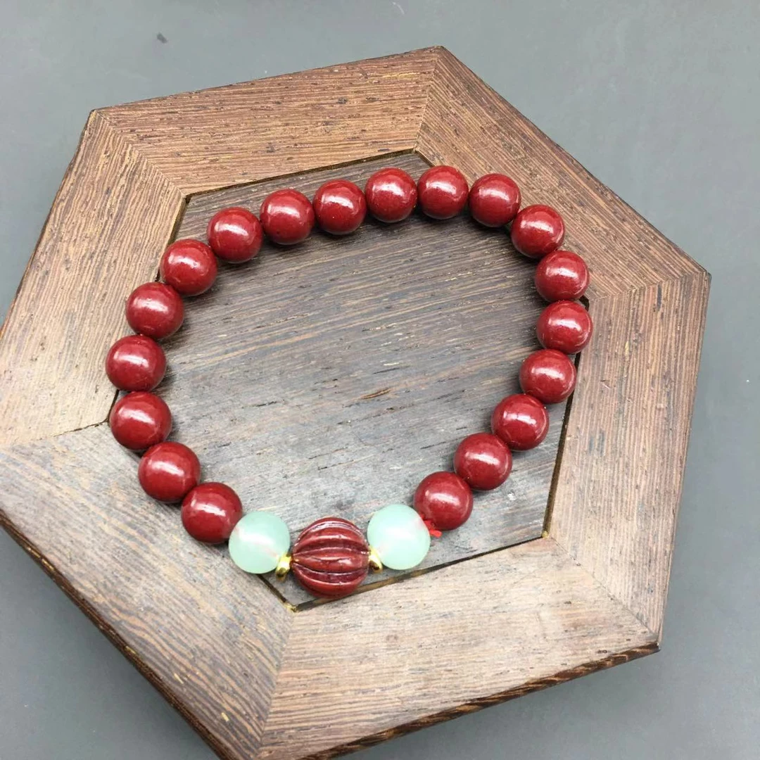 含辰砂工艺品ZA394-紫色雕刻南瓜珠带绿隔珠单圈手串8mm