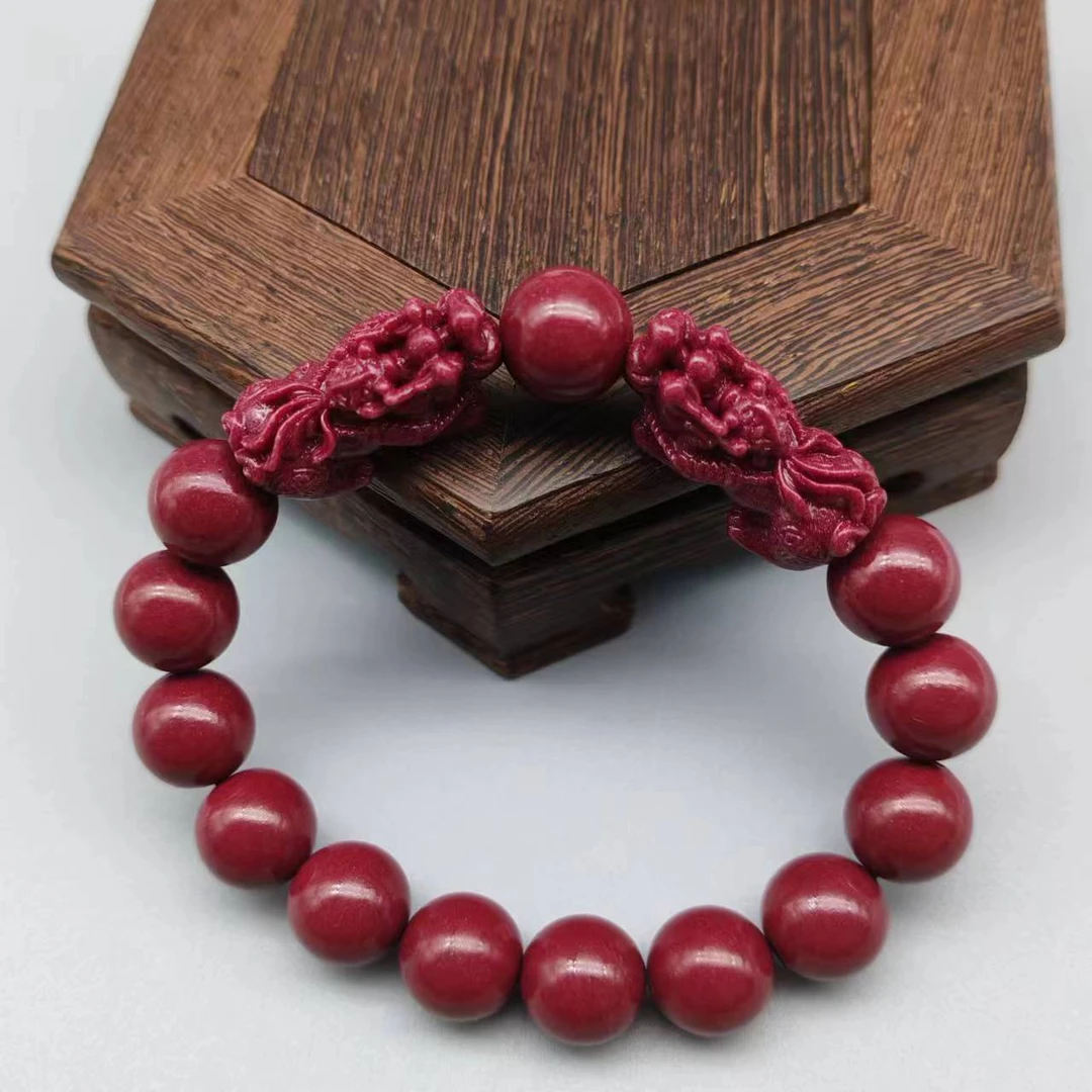 含辰砂工艺品经典紫金127-雕刻双皮丘带隔珠单圈手串12mm