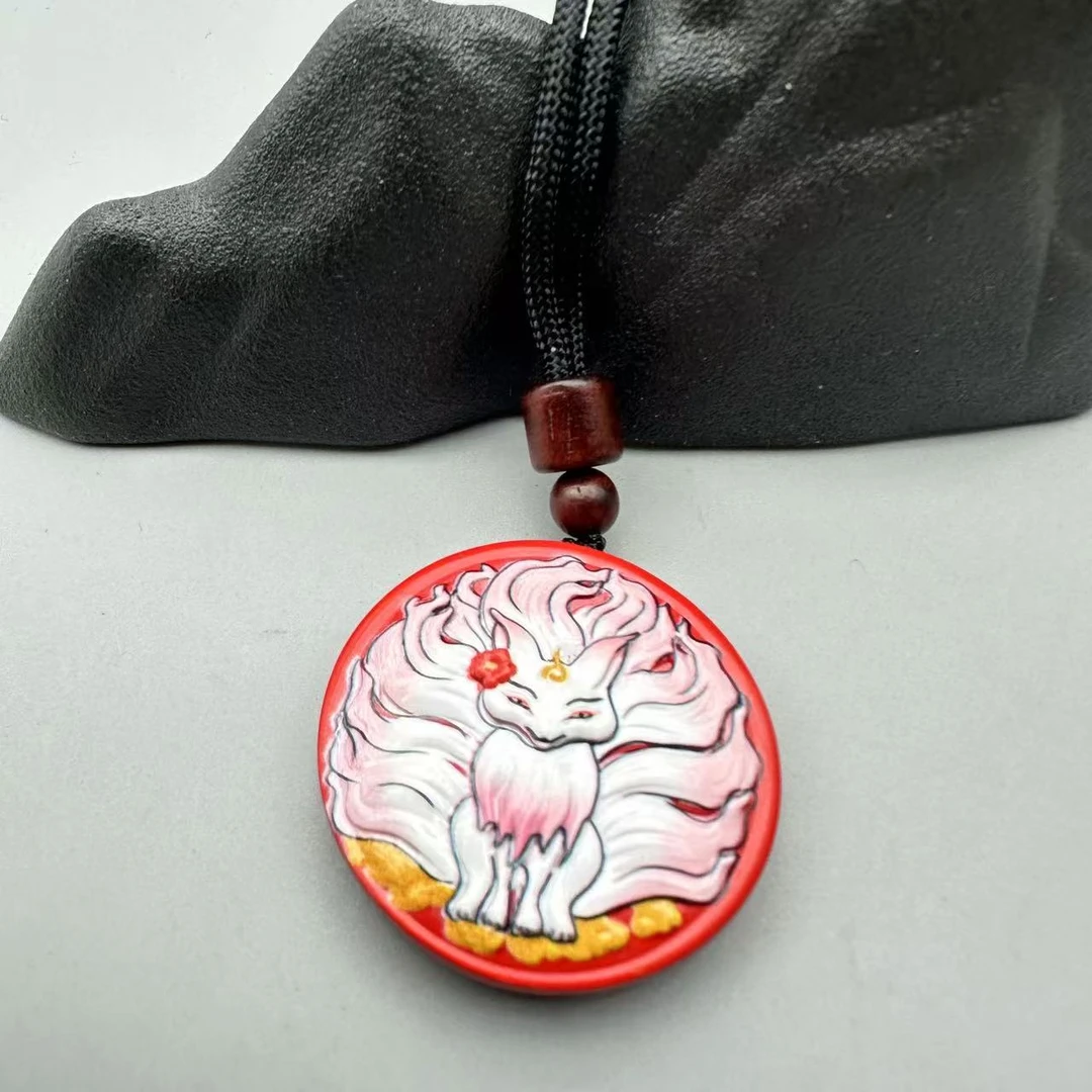 含辰砂工艺品HD179-红色雕刻彩绘黄色九尾狐狸吊坠