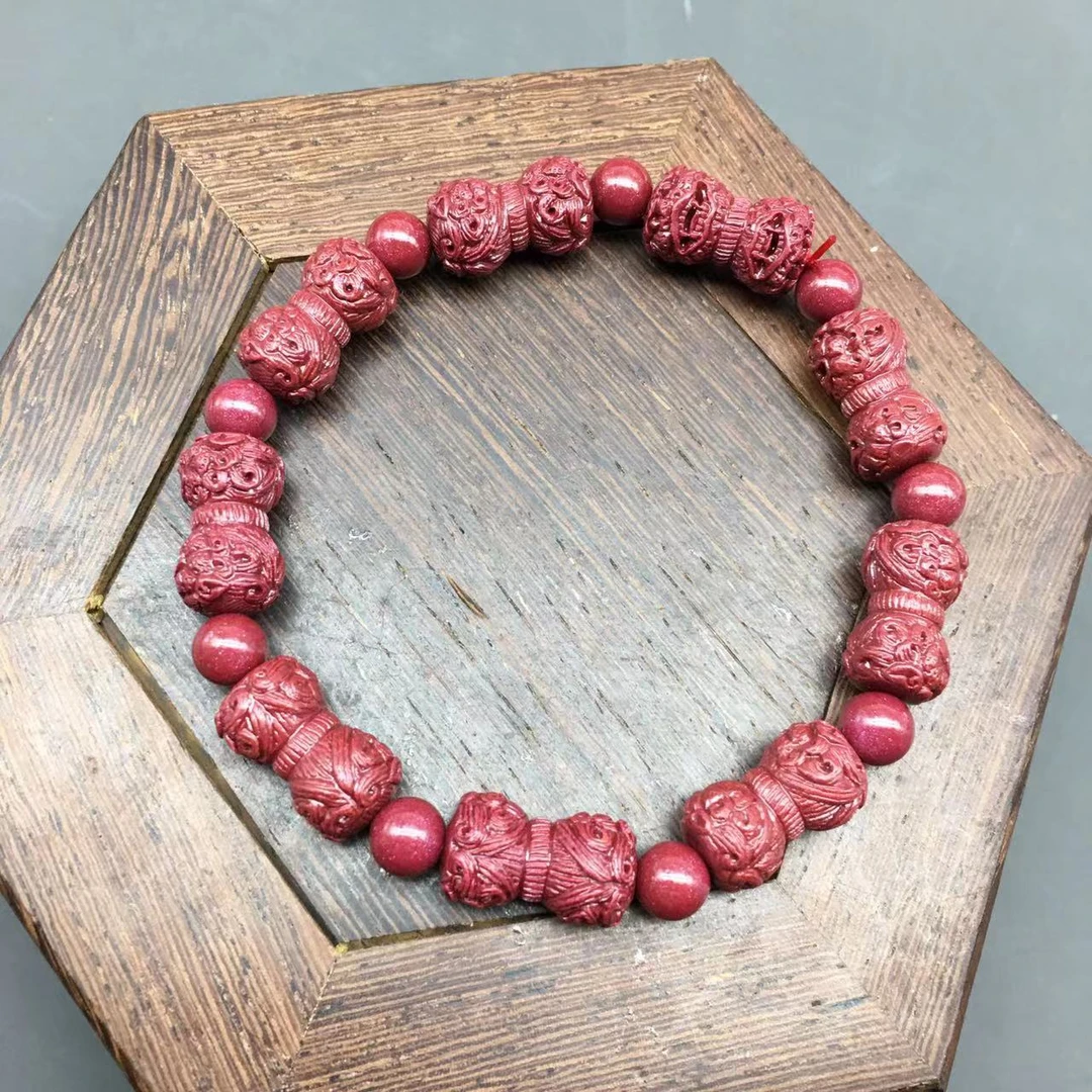 含辰砂工艺品经典紫金181-雕刻双头吞金兽带6mm隔珠单圈手串