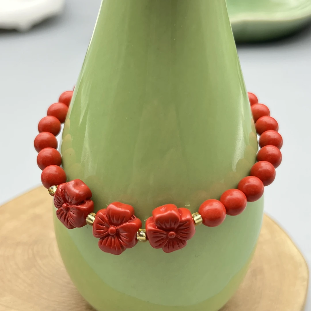 含辰砂工艺品HA257红色雕刻四叶6mm单圈手串