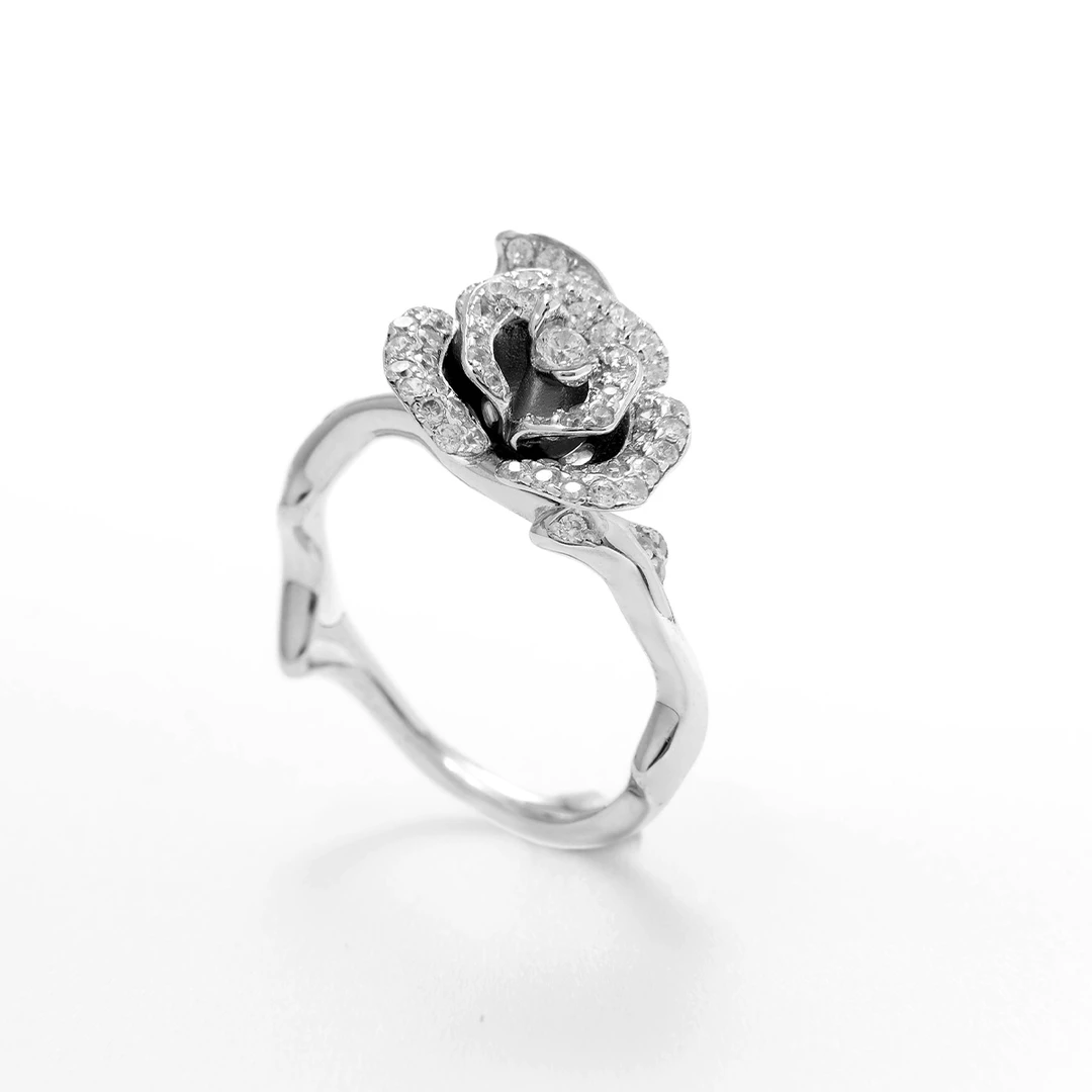 925银戒指 白色小号玫瑰枝蔓戒指欧美精致高端气质戒指