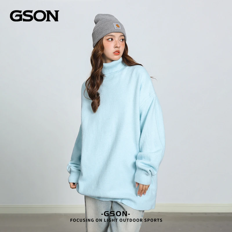 GSON潮牌高领毛衣男女款秋冬季美式慵懒风圆领上衣情侣纯色套头衫