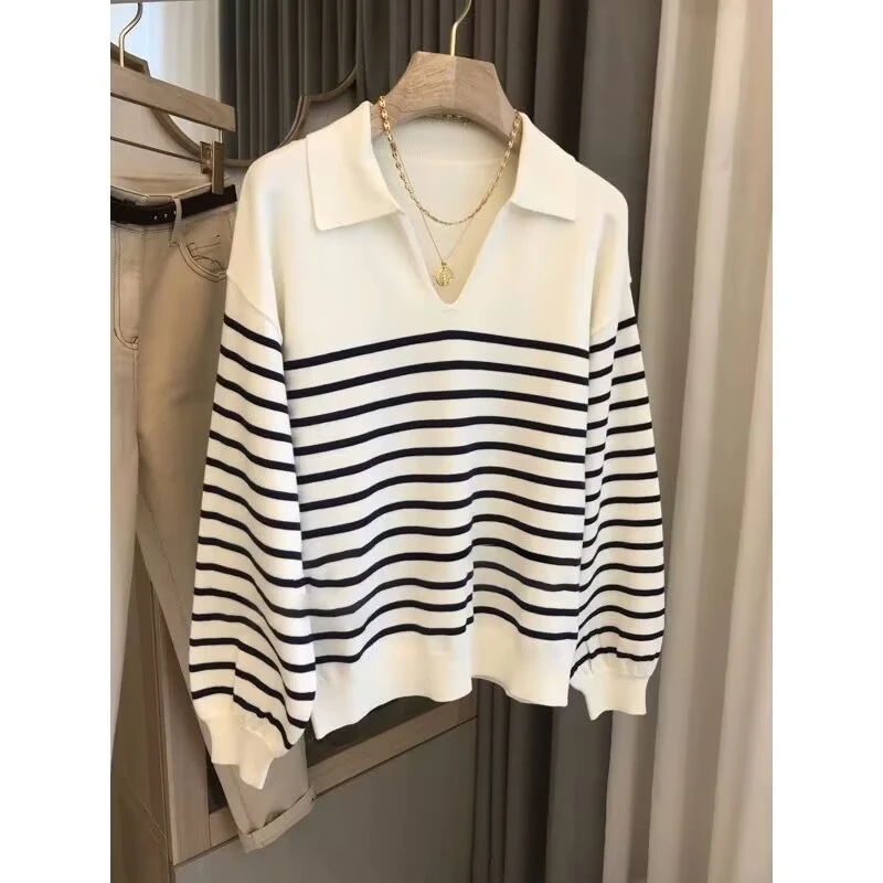 法式黑白条纹V领POLO领毛衣女长袖秋冬打底针织衫宽松慵懒风上衣