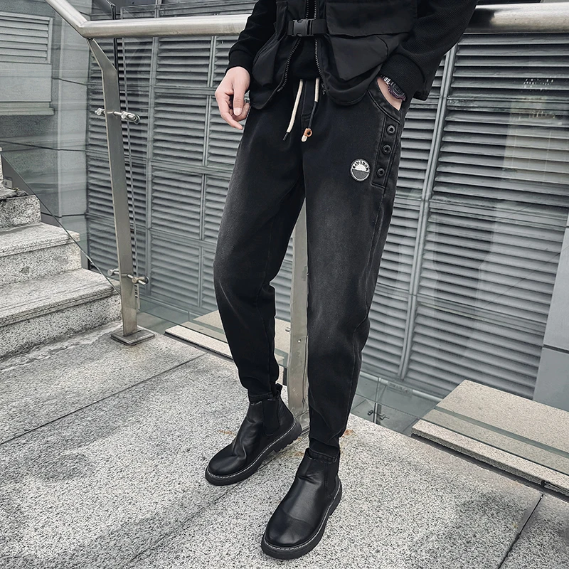 男士冬季厚款加绒牛仔裤黑灰色扣子松紧腰弹力束脚裤修身小脚裤潮