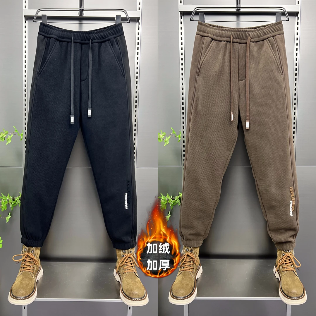 冬季加绒加厚休闲裤男卫裤时尚潮流拼接束脚哈伦运动裤百搭小脚裤