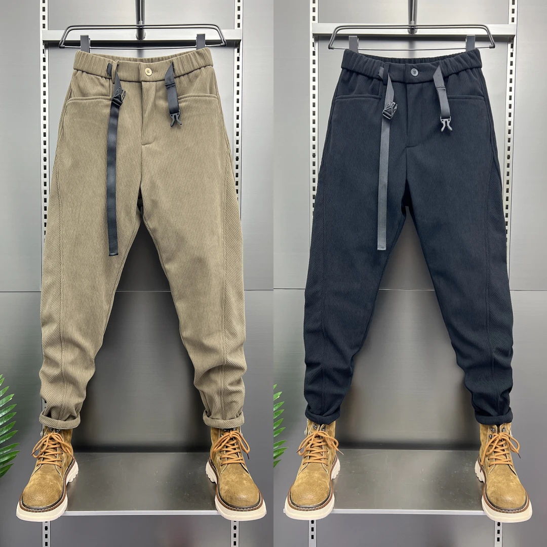 秋冬新款灯芯绒休闲裤男士潮流纯色百搭束脚哈伦裤韩版修身小脚裤