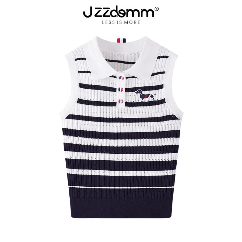 九州诚品/JZZDEMM小狗刺绣翻领坑条条纹针织背心女气质修身上衣潮
