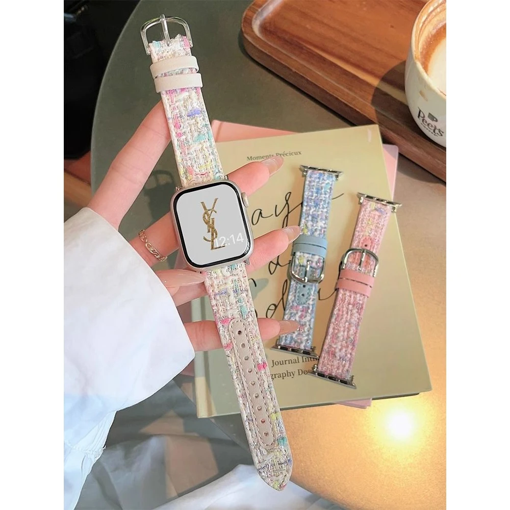 适用苹果iwatch s9表带手表87654se2毛妮拼皮真皮高级小众秋冬ins