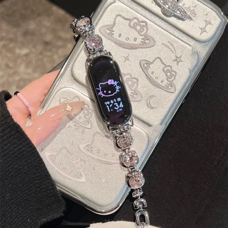 适用小米手环9表带新款kitty猫凯蒂锆石切面闪钻表链米7/8nfc金属