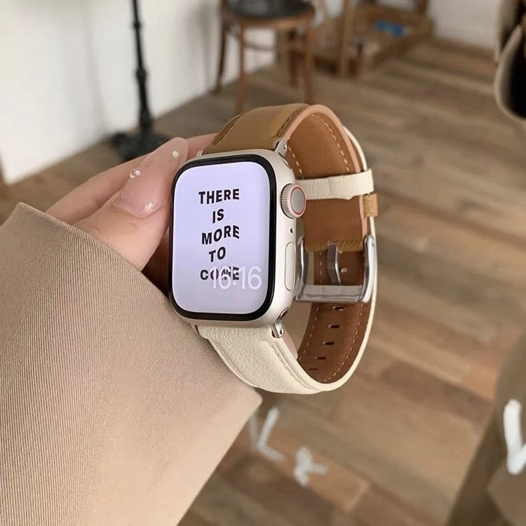 适用苹果7手表表带高级感iwatch8表带真皮荔枝纹45se星光色小羊皮