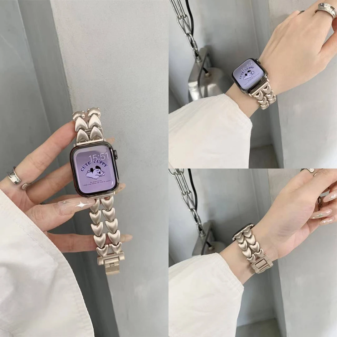 适用Apple苹果iwatchSE8Ultra7654321手表带金属爱心小香风链条女