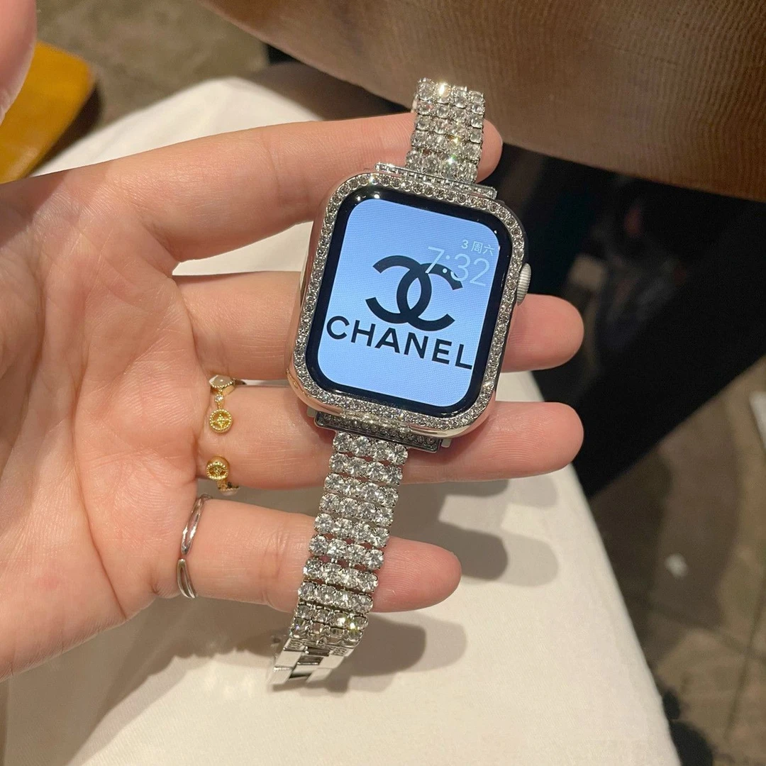 ins小香风适用Applewatch9代金属表带iwatch87苹果手表se链条镶钻