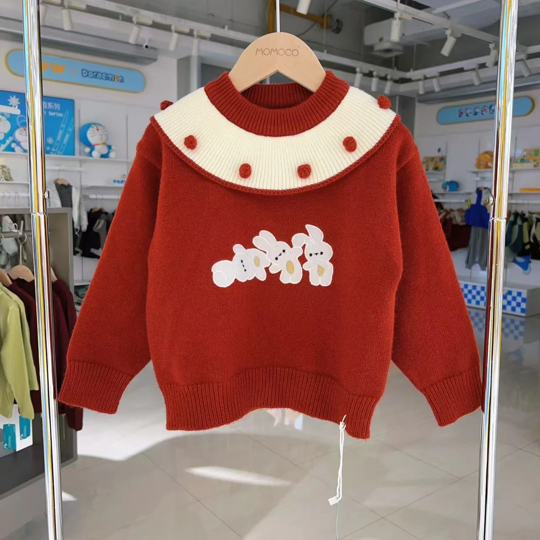 MOMOCO冬季女童韩系三只小兔刺绣毛衣75830230092