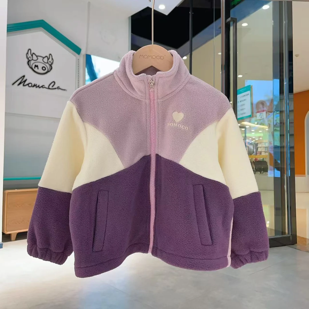 【校服神器】MOMOCO女童秋冬时尚爱心刺绣摇粒拼色外套75880107007