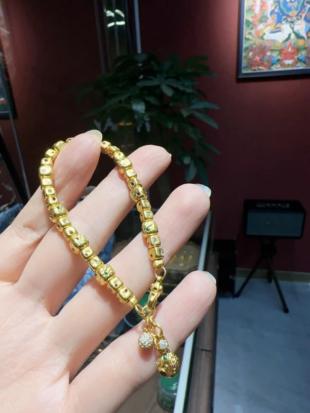 足金手工金方糖手链錾刻手链