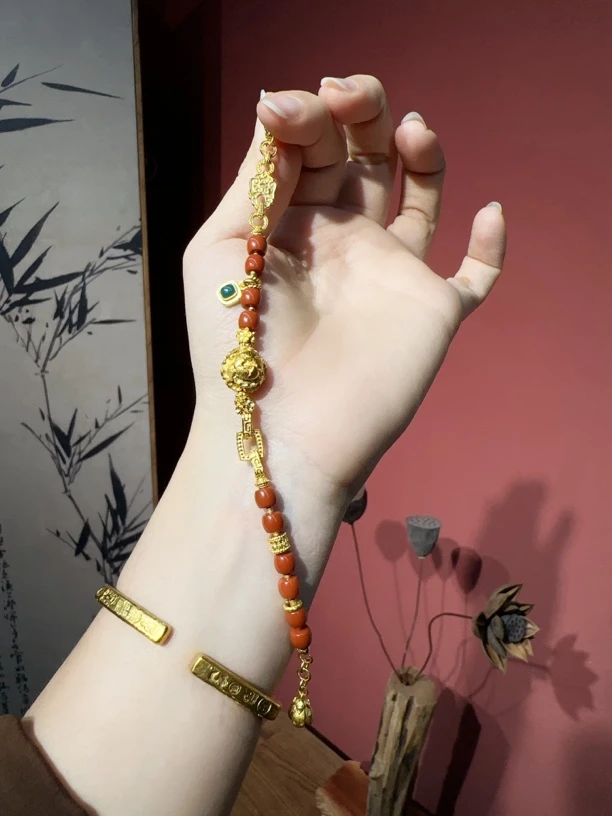 足金手工錾刻牡丹珠手链