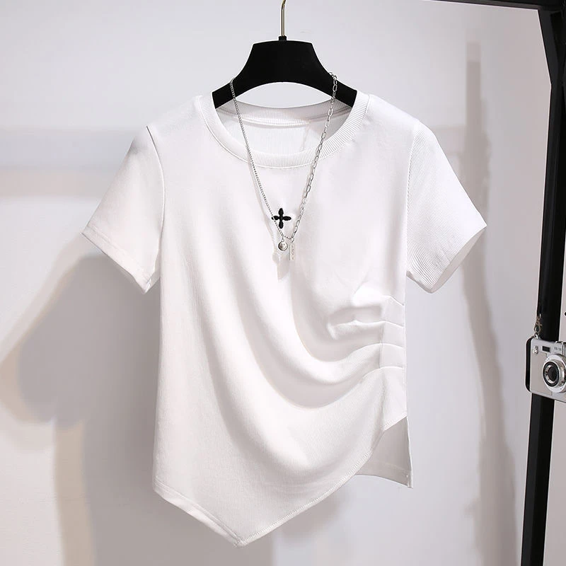 冰丝T恤螺纹克莱因蓝色短袖女不对称甜美韩版设计感上衣夏季新款