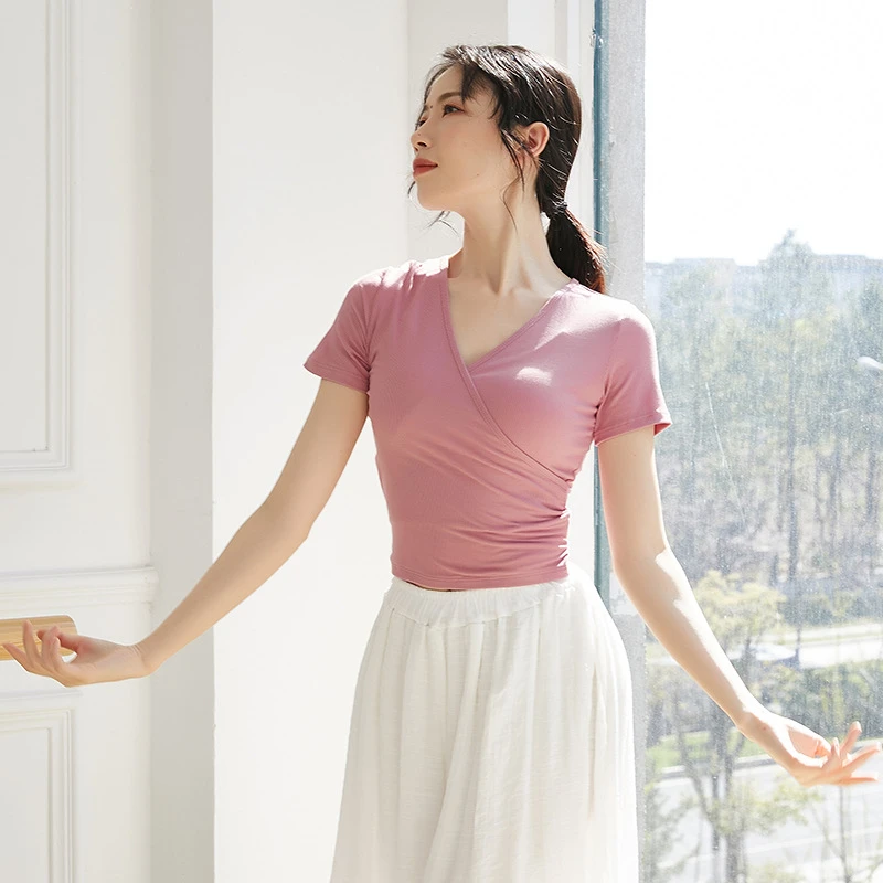 舞蹈服女成人短袖V领系带拉丁舞服芭蕾现代舞上衣教师艺考紧身