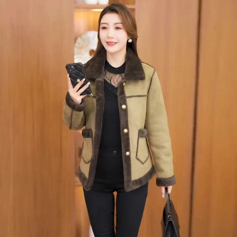 加绒加厚皮毛一体短外套女冬季新款休闲百搭翻领麂皮绒保暖大衣潮