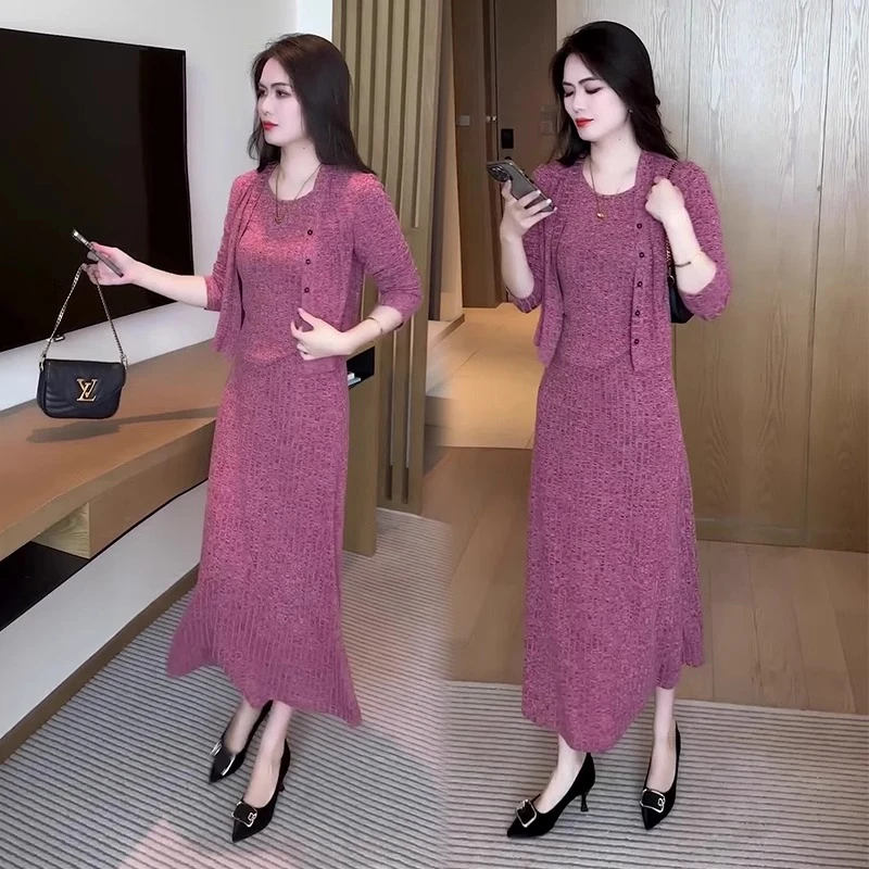 早春装针织连衣裙2025年新款时尚显瘦女装洋气质春秋三件套装裙子