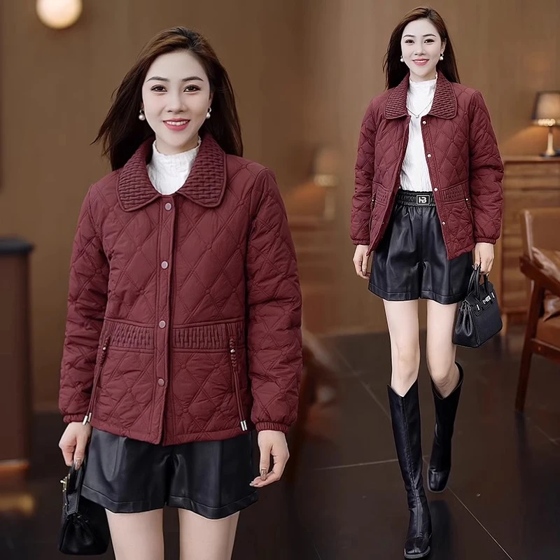 时尚洋气轻薄棉服女2024冬季新款设计感菱格宽松显瘦保暖棉衣外套