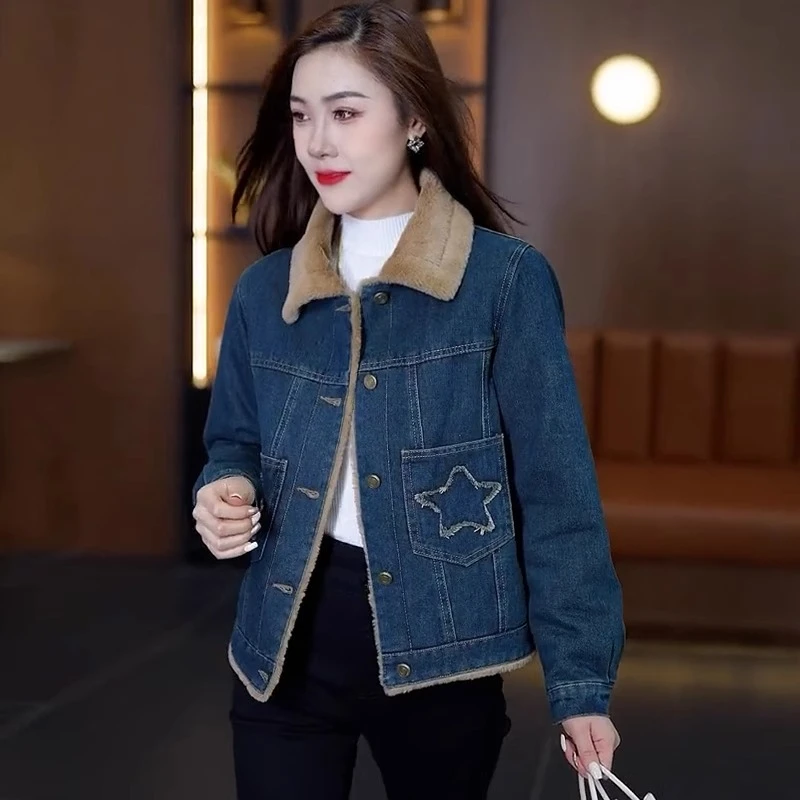 牛仔外套女冬加绒2024新款加厚棉服女短款小个子显瘦爆款宽松上衣