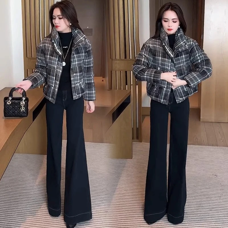 时尚格纹羽绒棉服女2024冬季新款韩版显瘦棉袄小个子保暖棉衣外套