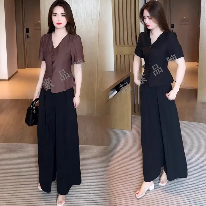 时尚V领衬衫女士短袖减龄上衣夏季新款收腰显瘦衬衣薄款洋气小衫