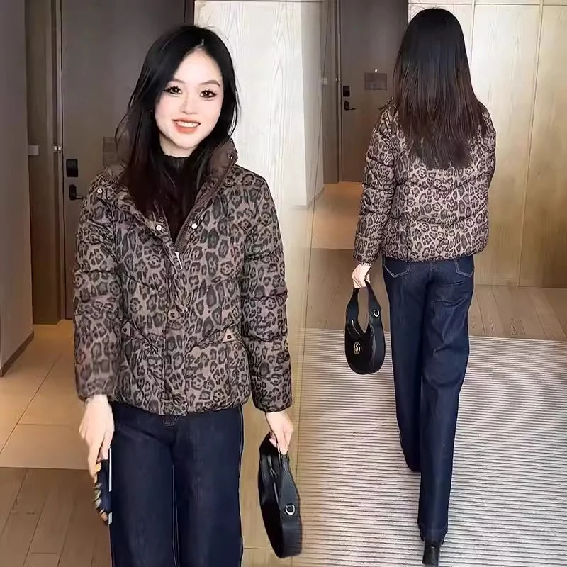 豹纹短款立领羽绒棉服女今年流行时尚显瘦韩版宽松洋气百搭面包服