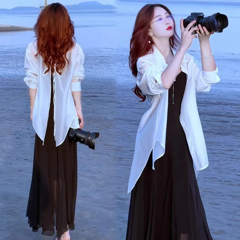 海边度假连衣裙套装女2024洋气显瘦薄款防晒上衣吊带裙两件套