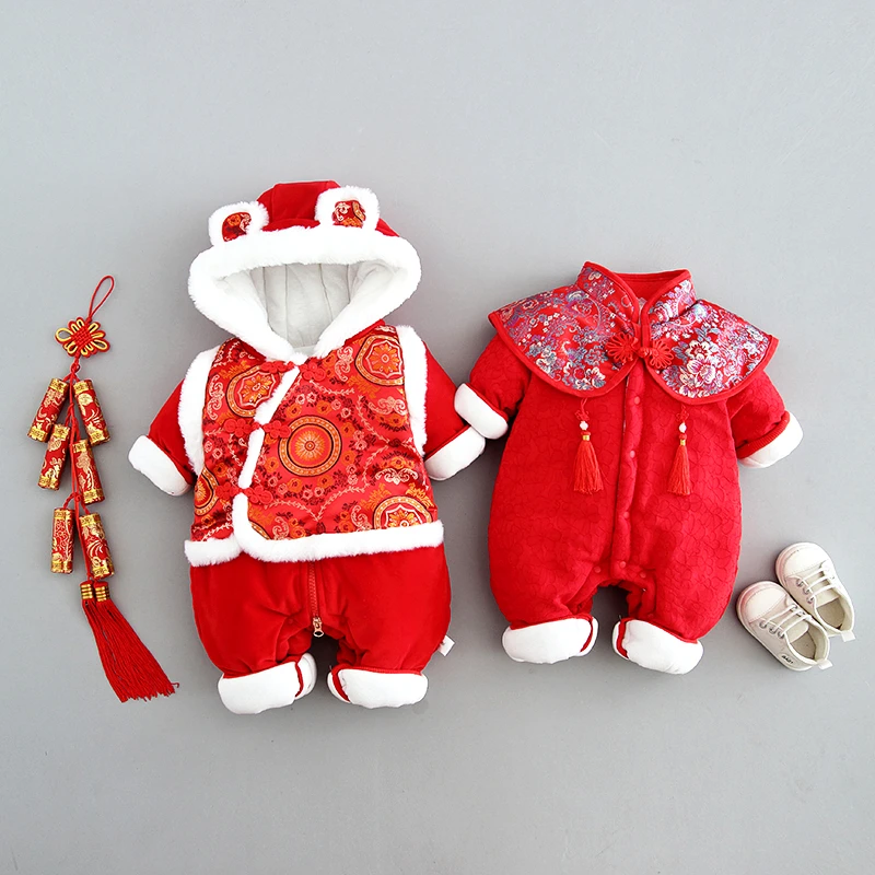 婴儿连体衣冬季冬装男女宝宝中国风棉衣大红色拜年服加厚外出服
