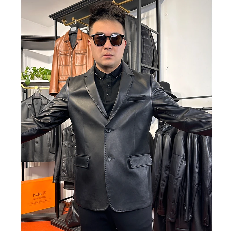 男士轻奢翻领休闲头层小绵羊皮西装秋冬百搭真皮修身小西服外套