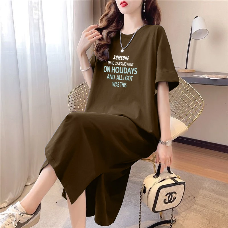 纯棉短袖t恤裙女夏季韩版宽松休闲中长款连衣裙大码百搭开叉长裙