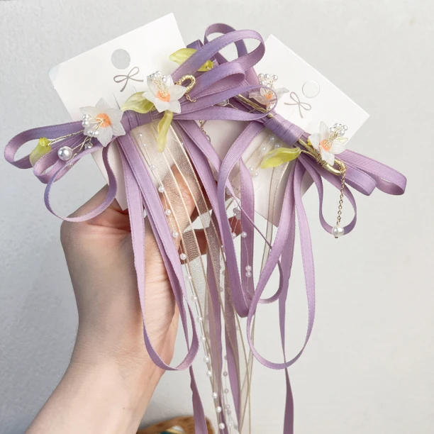 YJ005超仙国风流苏刘海夹仙气侧边夹手工花朵流苏蝴蝶结鸭嘴夹