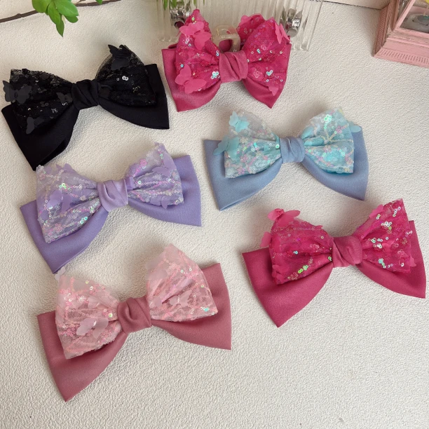 韩版蝴蝶谷亮片拼接缎面蝴蝶结弹簧夹发卡甜美小清新大抓夹