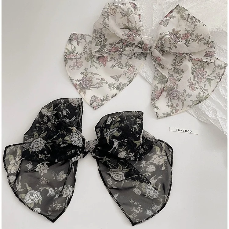 TJ013韩版雪纺碎花蝴蝶结弹簧夹复古黑玫瑰优雅气质发卡森系发夹