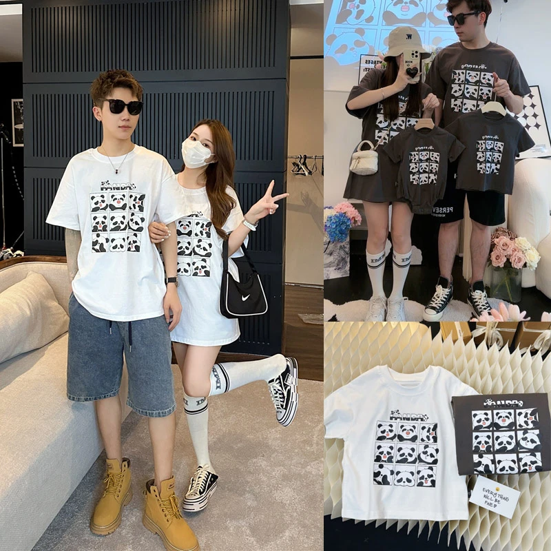 7226亲子装夏装新款熊猫卡通印花短袖T恤儿童婴童爬服连体衣夏季
