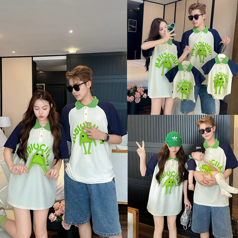 亲子装2025夏装新款拼接T恤立体公仔短袖T恤儿童婴童爬服连体衣