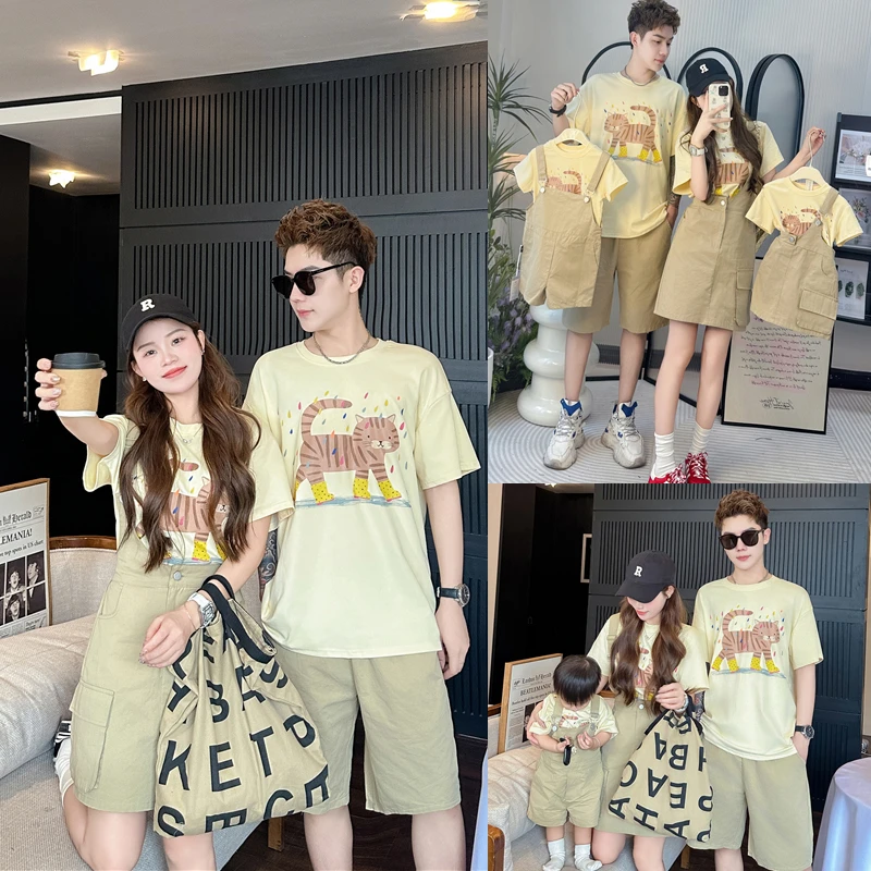 亲子装2025新款夏装母女装套装套裙儿童背带裙子卡通短袖T恤7686