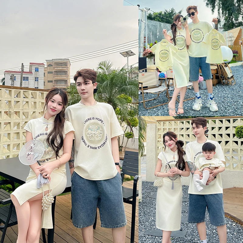 亲子连衣裙国风一家三四口新中式夏季短袖t恤裙2025新款母女母子