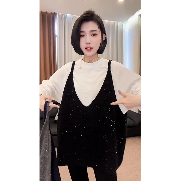 新款时髦精品亮片V领针织背心外搭宽松百搭洋气中长款上衣