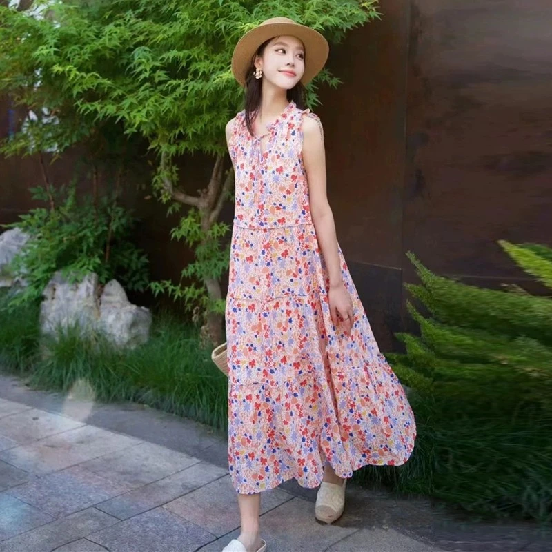 商场同款2025夏季新款百搭显瘦系带印花无袖中长款连衣裙1500497