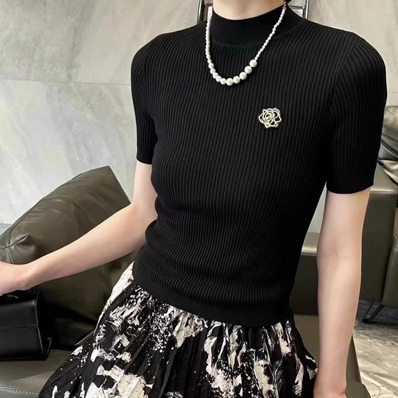 {专柜}商场同款2025春季新款烟管领短袖针织衫上衣T恤1399715