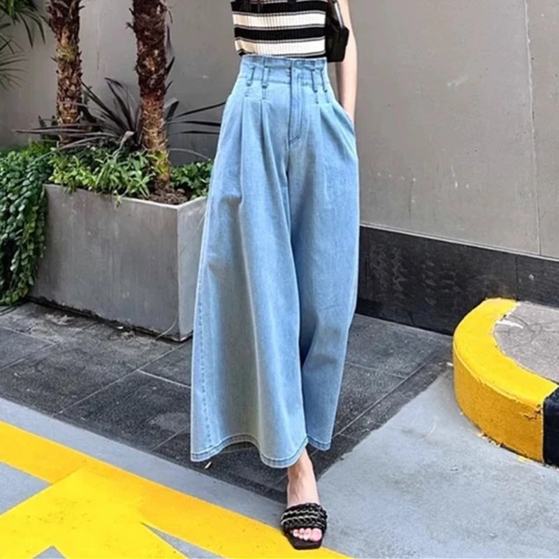 商场同款2025夏装新款女装高腰薄款复古直筒阔腿牛仔长裤1100412