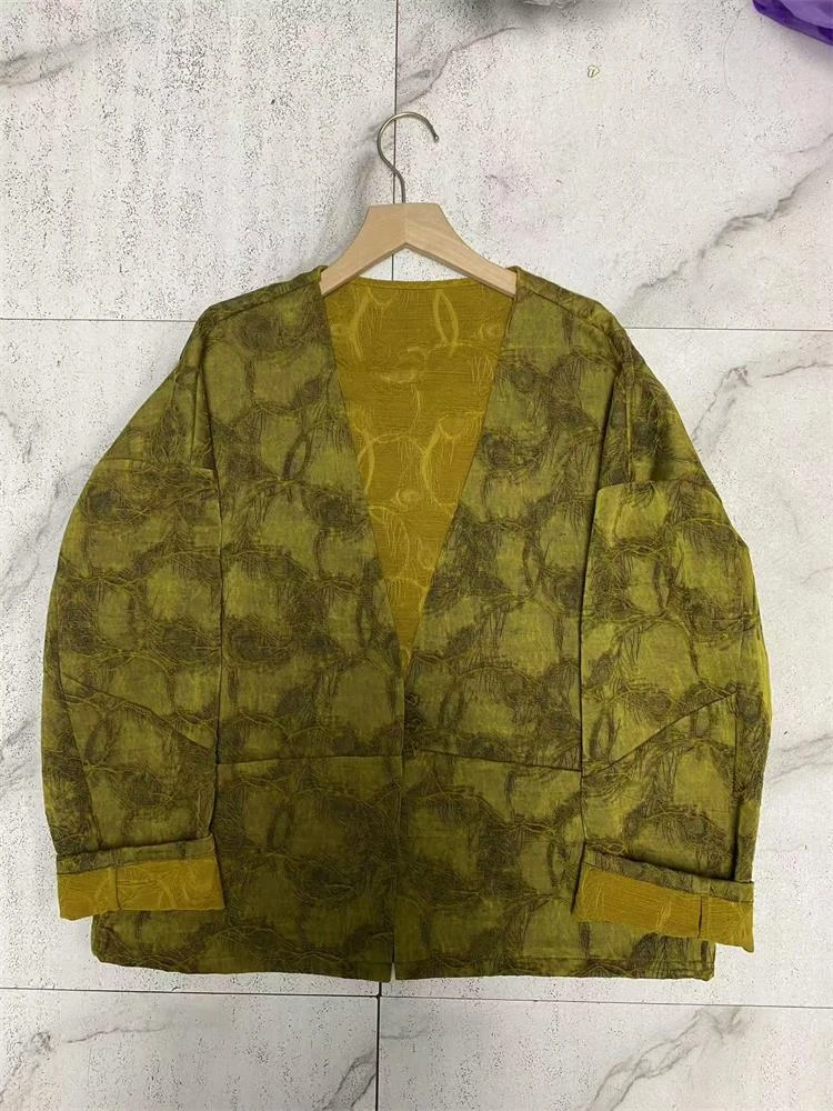 卡飘提花单新中式复古桑蚕丝双面休闲外套时尚上衣国风绿色印花