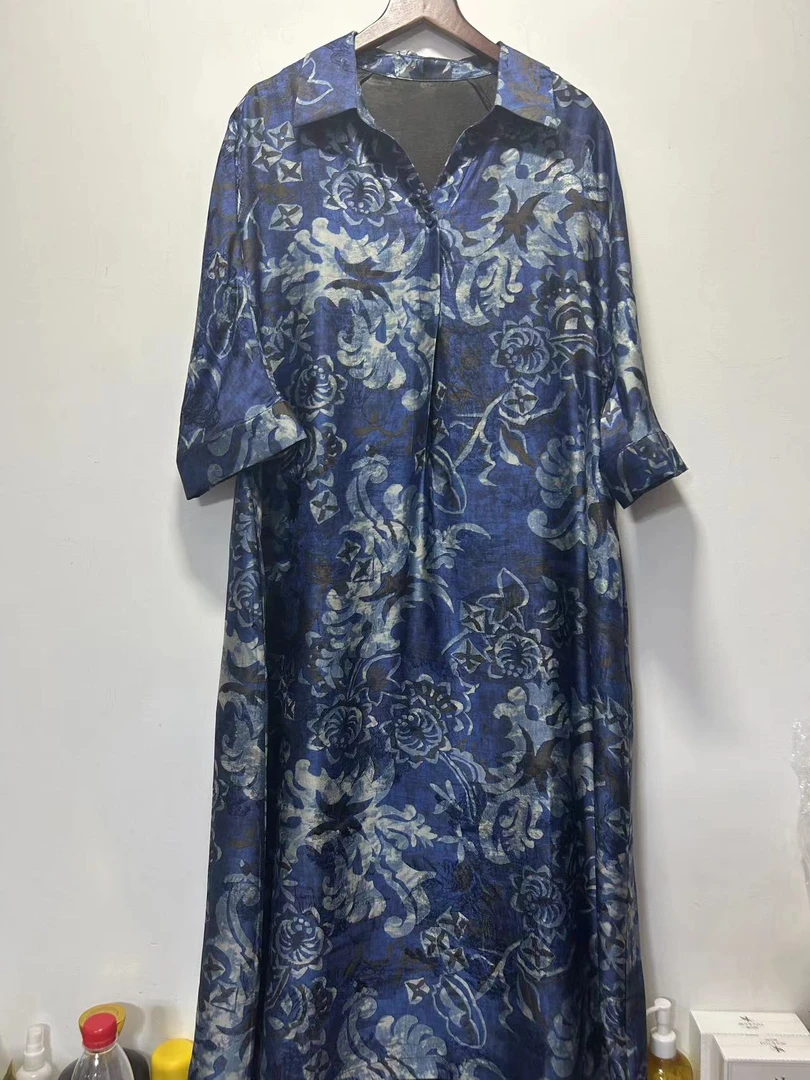 卡飘家51578！100桑蚕丝香云纱连衣裙青花瓷宽松连衣裙定制设计感