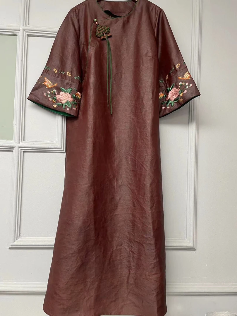 HJ5325！100桑蚕丝香云纱红云纱夏季气质刺绣长裙袍子连衣裙