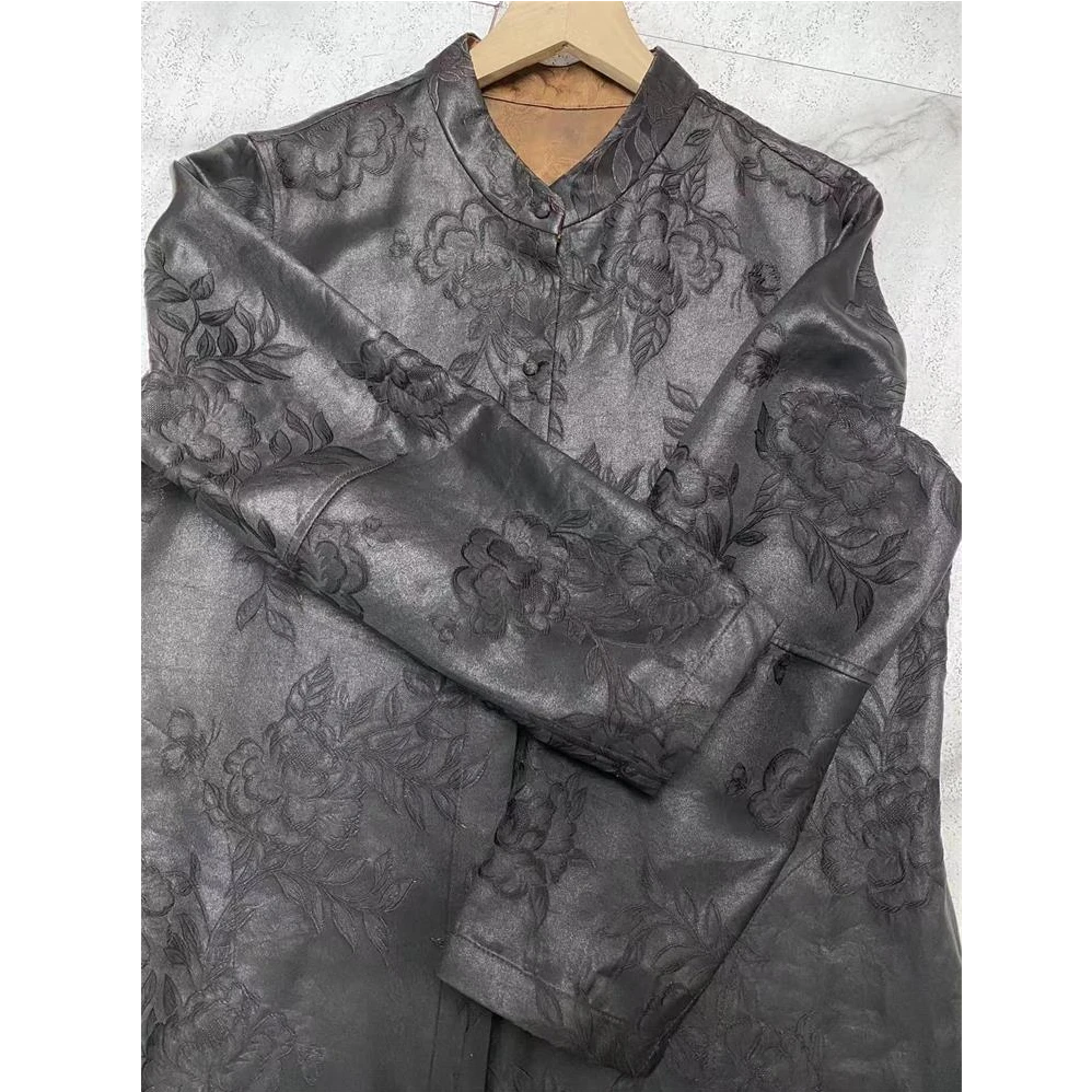 卡飘气质真丝香云纱立体时尚修身显瘦中长款休闲风衣立领黑色外套