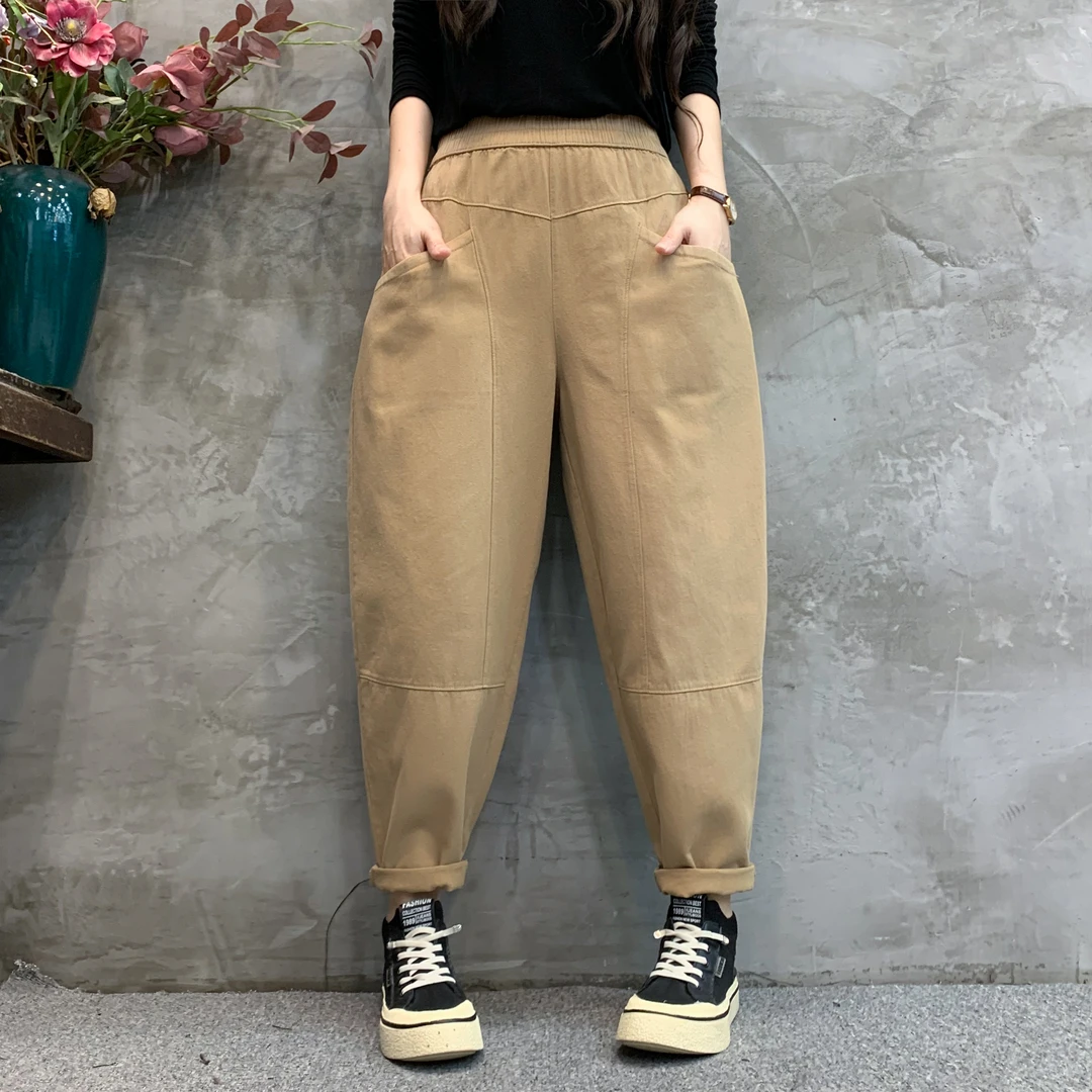 2024年秋季时尚洋气百搭长裤松紧腰休闲裤大口袋显瘦哈伦裤女裤